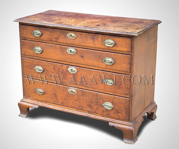 Chest, Four Drawer, Maple, Original Surface and Brasses
South Shore, Massachusetts, Circa 1800, angle view 1